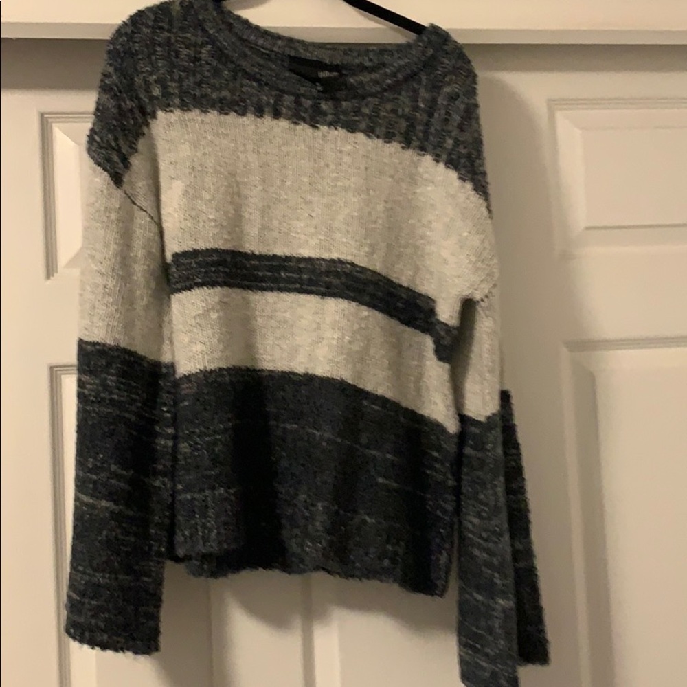 Grey and blue striped bell sleeve sweater